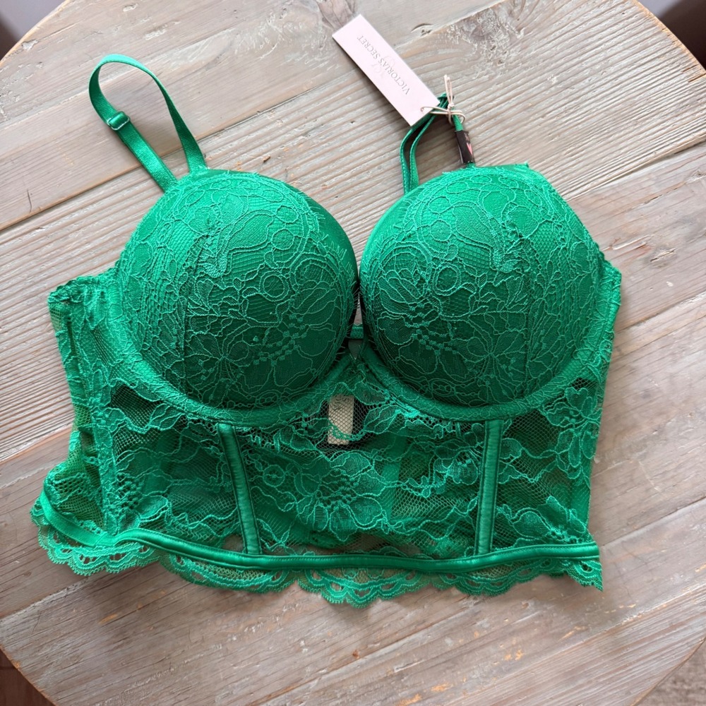 Victoria's Secret Very Sexy Green Lace Push-Up Corset Bra 36B Holiday NWT